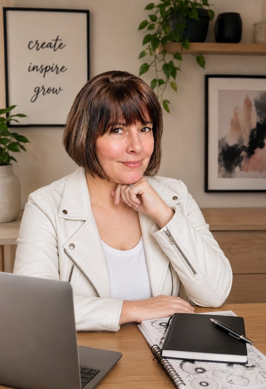 Lara at her desk, notebook and pen beside her